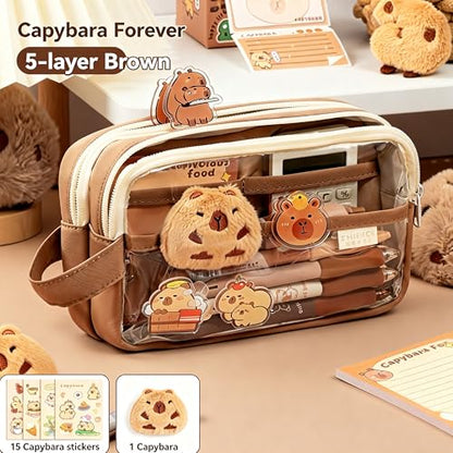 Large Capacity Clear Pencil Case, Waterproof Multi-Layer Pencil Pouch with Capybara Plush and Stickers,Office Supplies Desk Organizer, Big Pen Case for Adults, Cosmetic Bag Travel Stationery Holder