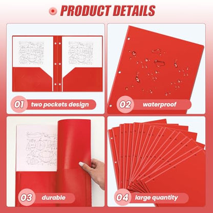 Yeaqee 72 Pcs Plastic Folders with Pockets Bulk 3 Hole Punched 2 Pocket File Folders for 3 Ring Binder Divider Folder for Notebooks, Durable Poly for Office Home (Red) - color: Red