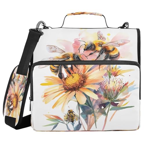 3 Ring Zipper Binder Bees Daisy Floral Binders Bag with Shoulder Strap 500 Sheets Paper Organizer Trapper Keeper Documents Storage File Folder for School Office - color: A491
