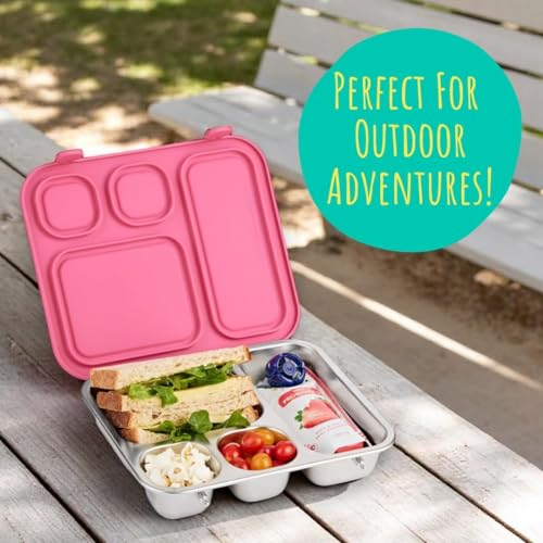 Elk and Friends Kids Stainless Steel Bento Box with Silicone Lid | Leak-proof | Toddler Lunch Container | 4 Compartments | Dishwasher Safe - color: Misty Blue
