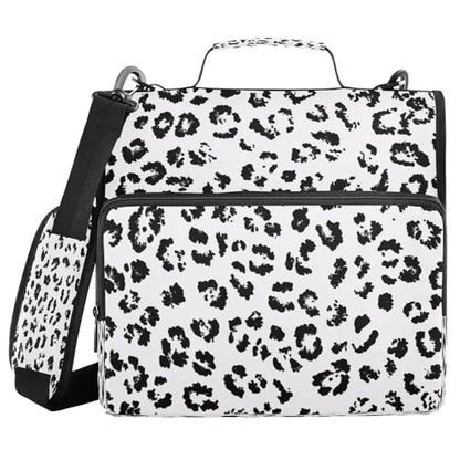 White Leopard Print Zippered Binder Bag with Handle and Shoulder Strap, 1.5 inch 3 Ring D Ring Expanding File Folder Waterproof Multiple Pockets Organizer Binder