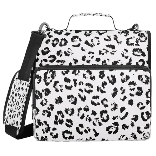 White Leopard Print Zippered Binder Bag with Handle and Shoulder Strap, 1.5 inch 3 Ring D Ring Expanding File Folder Waterproof Multiple Pockets Organizer Binder