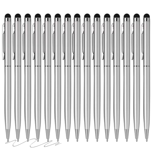 15 Pack Stylus Pens for Touch Screens Stylus Pen Compatible with Phone Tablets Kindle and Black Ink Ballpoint Pens-2 in 1 Stylists pens for Touch Screens (Silver) - color: Silver