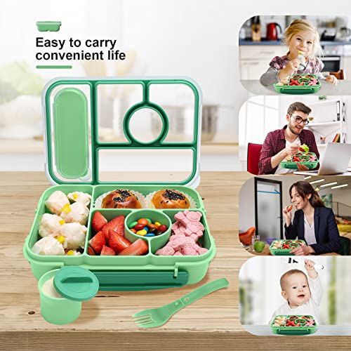 Amathley Bento Box Adult Lunch Box Kids,Lunch Containers for Adults/Kids/Toddler,5 Compartments Bento Lunch Box with Sauce Vontainers,Microwave & Dishwasher & Freezer Safe,BPA-Free (Green) - color: Green