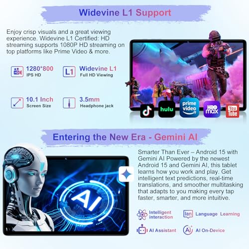 Android 15 Tablet 30GB+128GB+1TB Expand, 2026 10.1 Inch Octa-Core 8000mAh Electronics Tablets with Keyboard Mouse, Gemini AI, 5G WiFi, 1280x800 IPS Touchscreen, GPS, BT5.0, Widevine L1 -Metal Blue - color: Blue