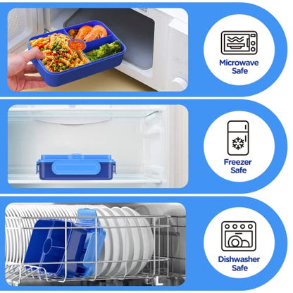 Jelife Bento Lunch Box for Kids - Leakproof Large Bento-Style with 4 Compartments Portions Lunchbox with Tableware Back to School, Reusable On-the-Go Meal and Snack Packing, Blue - color: 1100ml-Blue