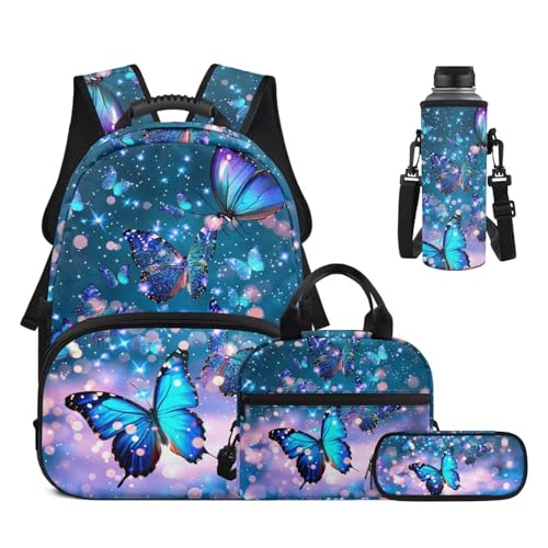 Blue Butterfly Backpack Set for Girls 6-12, Elementary Kids School Bookbag with Insulated Lunch Box, Pencil Case & Water Bottle Holder for Back to School - color: Blue Butterfly