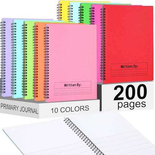 Henoyso 10 Pack Primary Composition Notebooks for Kids, Spiral Writing & Drawing Journals, 100 Sheets Half Blank Books Long-Lasting Handwriting Practice, Classroom & Homeschool Supplies, Stylish Cover - color: Stylish Color, size: 100 Sheets