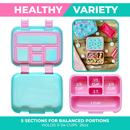 kinsho Bento Lunch Box. Insulated Bag, Water Bottle & Ice Pack Set for Kids, Toddlers, Girls. 5 Portion Sections, Removable Tray, Pre-School Toddler Daycare Lunches, Snack Container, Aqua Cat Mermaid - color: Aqua Cat Mermaid Set