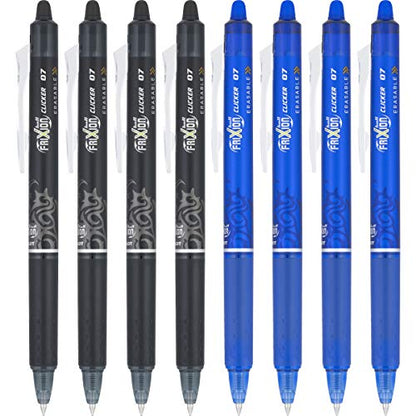 Pilot FriXion Clicker Erasable Gel Pens, Fine Point (0.7mm), Black/Blue Ink, 8-Pack - Refillable, Smooth Writing Pens for School, Journaling, and Office Use