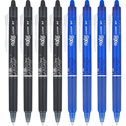 Pilot FriXion Clicker Erasable Gel Pens, Fine Point (0.7mm), Black/Blue Ink, 8-Pack - Refillable, Smooth Writing Pens for School, Journaling, and Office Use