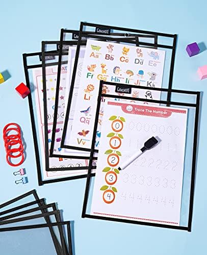 Gamenote 드라이 지우개 포켓 30팩 링 포함 - 재사용 가능한 오버사이즈 플라스틱 슬리브 샵 티켓 홀더, 시트 프로텍터, 교실 정리용, 교사 용품 (블랙) | 30개의 재사용 가능한 PVC 포켓에는 21.6 x 27.9cm(8.5 x 11인치) 및 22.9 x 30.5cm(9 x 12인치) 시트를 담을 수 있습니다. 양면 - color: 블랙., size: 30 Pack