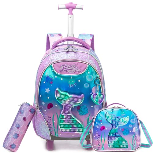 Kids Rolling Backpack for Girls Mermaid Trolley Suitcases Luggage with Wheels Bookbag Wheeled 3pcs on Lunch Box Pencil Case Preschool Students Elementary Teenagers Pink for Girls Age 5-12 - color: Pink-0130-wanjuywb