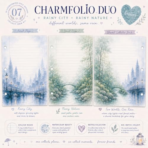 Charmfolio Duo Rainy City & Rainy Nature Binder Paper, 80 College Ruled Sheets, 8.5 x 11 3 Hole Punched Loose Leaf Stationery, Back to School Basics, Backpack Essentials for Besties