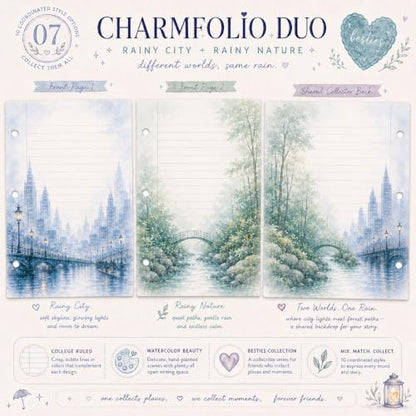 Charmfolio Duo Rainy City & Rainy Nature Binder Paper, 80 College Ruled Sheets, 8.5 x 11 3 Hole Punched Loose Leaf Stationery, Back to School Basics, Backpack Essentials for Besties