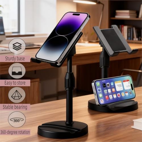 Adjustable Height Phone and Tablet Stand, Dual Device Holder with 360° Rotation, Sturdy Non-Sturdy Non-Slip Base with Card Slot for Livestream, Watching Videos, Work, Gaming