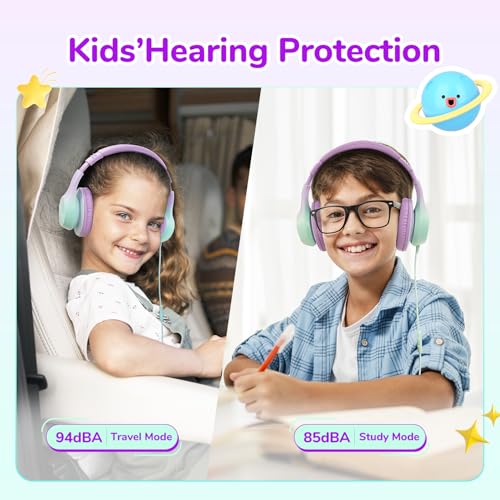 EarFun K3 Kids Headphones, Over Ear Headphones with Microphones, 85/94dB Volume Limit, HD Stereo Sound, Foldable Wired Headphone for School/Travel/Boys/Girls/Tablet/iPad (3.5mm Plug with Mic, Purple) - color: Purple