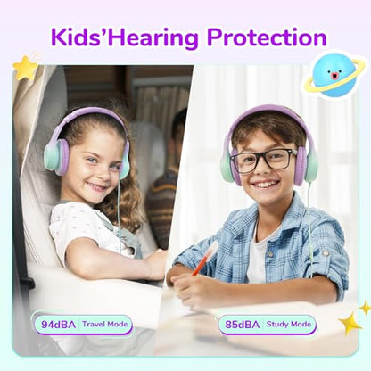 EarFun K3 Kids Headphones, Over Ear Headphones with Microphones, 85/94dB Volume Limit, HD Stereo Sound, Foldable Wired Headphone for School/Travel/Boys/Girls/Tablet/iPad (3.5mm Plug with Mic, Purple) - color: Purple