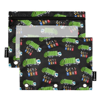 Garbage Truck Trash Recycling Pencil Pouch for 3 Ring Binder, Binder Pencil Pouches with Clear Window Zipper Pencil Case for Office College Supplies, 2PCS (B0310) - color: B0310