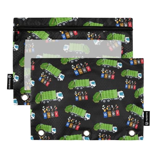 Garbage Truck Trash Recycling Pencil Pouch for 3 Ring Binder, Binder Pencil Pouches with Clear Window Zipper Pencil Case for Office College Supplies, 2PCS (B0310) - color: B0310