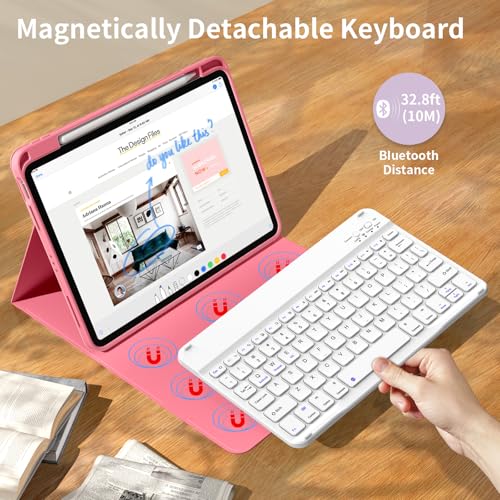 kenke for iPad 11/10th Gen Case with Keyboard 11/10.9 inch 2025 A16/2022, Detachable Wireless Bluetooth Keyboard Case with Bulit-in Pencil Holder, White Square Keycaps (Pink) - color: Watermelon Red