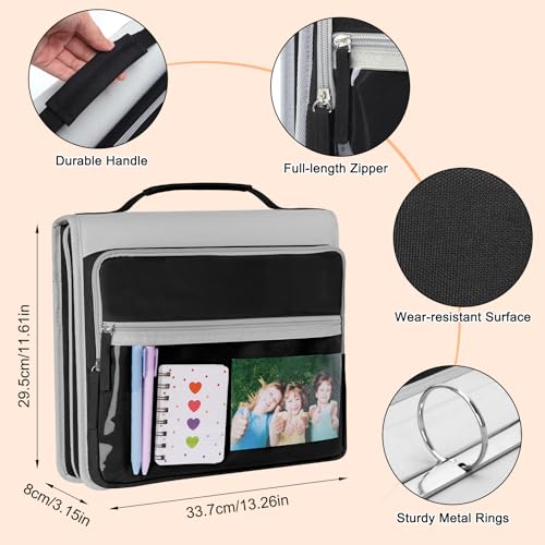 Ndsox Zipper Binder 3 Ring with Handle, 2 Inch O-Ring Document Organizer Middle School Binder with Zipper for Students, 5-Tab Expanding File Folder & 2 Mesh Pouches, DIY Clear Front Pocket, Black - color: Black