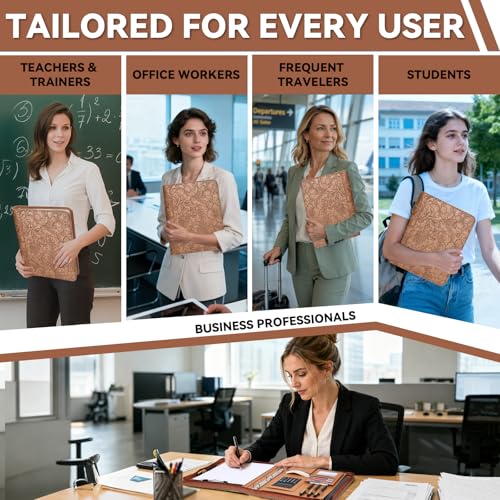 Leathario Portfolio Binder, Includes 5 Sheet Protectors and a Pen, 13 Inch Tablets Organizer, Vegan Leather A4 Padfolio, Multi-Pocket Notepad Business Planner Professional Document - color: Relief Brown