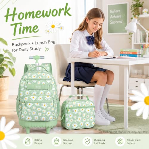 AGSDON Elegant Chrysanthemum Rolling Backpack Set – 20” Girls Roller Bookbag with Matching Lunch Box for Travel, Commute & School | Water-Resistant Fashion Wheeled Organizer in Flower Cyan - color: Rolling Backpack Set - Daisy Green