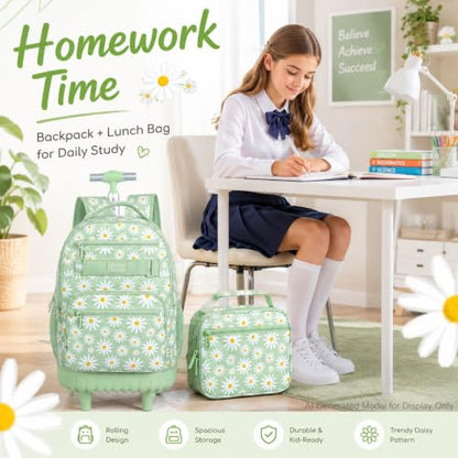 AGSDON Elegant Chrysanthemum Rolling Backpack Set – 20” Girls Roller Bookbag with Matching Lunch Box for Travel, Commute & School | Water-Resistant Fashion Wheeled Organizer in Flower Cyan - color: Rolling Backpack Set - Daisy Green