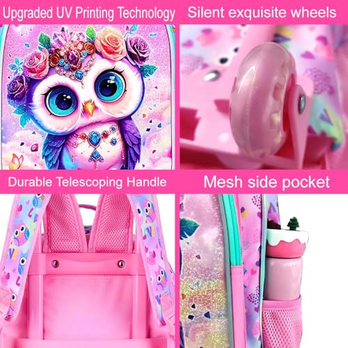 3Pcs Rolling Backpack for Girls, Kids Roller School Backpack with Wheels, Owl Wheeled Bookbag for Elementary Preschool Kindergarten(Pink) - color: Owl Pink
