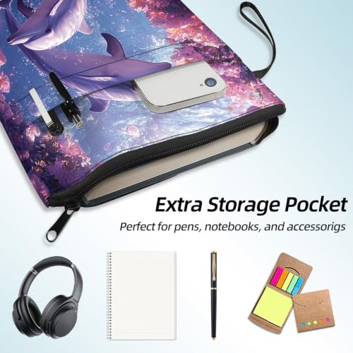 Padded Book Sleeve with Zipper & Front Pocket, Fabric Book Cover | Pink Purple Ocean Dolphins11.4"x8.7" Washable Canvas Pouch for Hardcovers, Tablets & Reading Accessories - color: Pink Purple Ocean Dolphins
