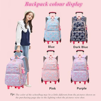 Mfikaryi Girls Rolling Backpack Elementary Student Outdoor Travel Trolley Bag Bookbag with Wheels - color: Pink-6 Wheels