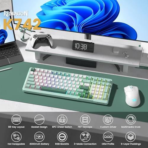 Redragon K742 Wireless Mechanical Gaming Keyboard with Knob, Bluetooth 5.0/2.4GHz/USB C Wired Creamy Keyboard with Number Pad for PC Computer, RGB Backlits, Hot-Swappable with Linear Switches (Green) - color: Green