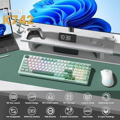 Redragon K742 Wireless Mechanical Gaming Keyboard with Knob, Bluetooth 5.0/2.4GHz/USB C Wired Creamy Keyboard with Number Pad for PC Computer, RGB Backlits, Hot-Swappable with Linear Switches (Green) - color: Green