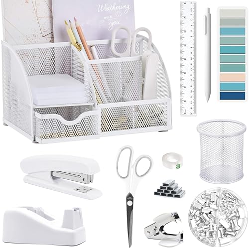 White Office Desk Accessories Supplies, 12pcs Desk Organizers and Accessories with Tape dispenser and Stapler,Staples,Staple Remover,Pen Holder,Scissor,Ruler,Sticky Tabs,Tape,Ballpoint Pen,Clips Set - color: White