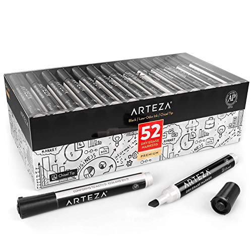 ARTEZA Black Dry Erase Markers, 52 Pack, Low-Odor Chisel Tip Whiteboard Markers, Bulk Black Markers for Whiteboards, Glass, Plastic, Offices, Meeting Rooms, and Planning Boards - color: Black