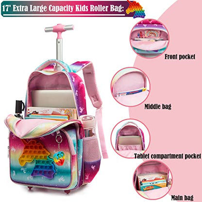 School Kids Rolling Backpack for Girls With Wheels Trolley Wheeled Backpack - color: Pink-220224-l