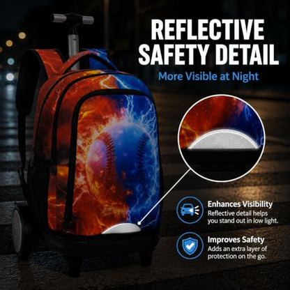 gxtvo Large Wheels & Quiet Glide | Rolling Backpack for Kids - Water-Resistant Wheeled Bag with Lunch Box for School, Travel & Outings - Fire & Lightning Baseball - color: Rolling Backpack Fire Lightning Baseball
