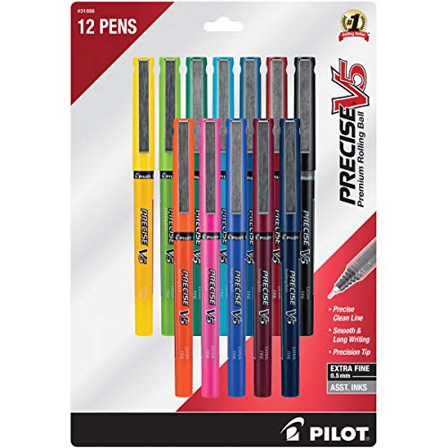 Pilot Precise V5 Refillable Liquid Ink Rolling Ball Refillable Pens, Extra Fine Point (0.5mm) Assorted Ink Pens, 12-Pack - color: Assorted, size: 12 Count (Pack of 1)