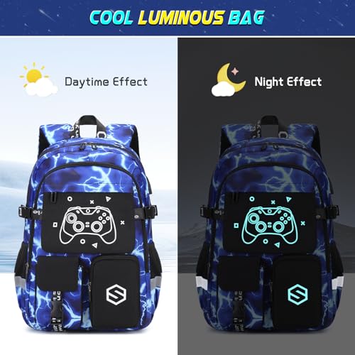 Scothen Boys Backpack, Cool Luminous School Backpacks for Boys with Lunch Bag Pencil Case, Kids Backpack Kindergarten Elementary Middle School Book Bags for Teen Boy Children with USB Charging Port - color: Lightning-blue