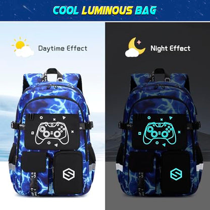 Scothen Boys Backpack, Cool Luminous School Backpacks for Boys with Lunch Bag Pencil Case, Kids Backpack Kindergarten Elementary Middle School Book Bags for Teen Boy Children with USB Charging Port - color: Lightning-blue