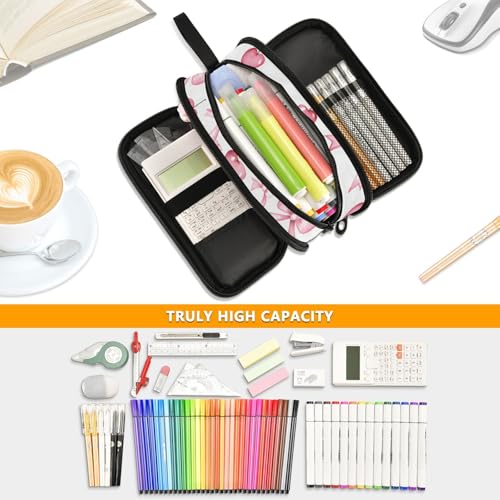 ALAZA Pink Bow Cherry Leaf Pattern Large Pencil Case, Pen Pouch Pencil Bag with 3 Compartments Pen Holder Organizer Stationery Bag - color: Bow Cherry