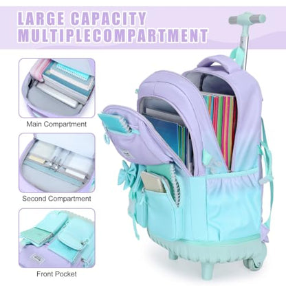 Bevalsa Rolling Backpack for Girls, Roller Backpack with Wheels, Cute Bow Wheeled School Bookbag Set with Lunch Bag & Pen Case, Suitcases for Kids Teens Elementary Middle Student (Purple Green) - color: Purple Green