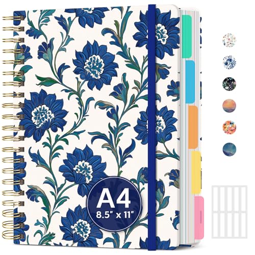 Hardcover Spiral Journal Notebooks for Work With Removable Dividers & Tabs, 8.5"x11" 5 Subject Notebook for Note Taking & Organizer, A4 College Ruled Lined Journal for Women & Writing, Cobalt Florals, 280 Pages - color: X-Cobalt Florals