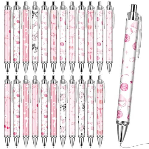 Pink Ballpoint Pens Favors - Retractable 24 Pcs Black Gel Ink Ball Point Pen Fine Cute Coquette Bow Tie Writing Supplies Fancy Gifts for Lovers Girls Nurse Teacher Assistants Office Work - style: Bow