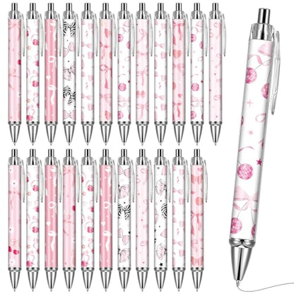 Pink Ballpoint Pens Favors - Retractable 24 Pcs Black Gel Ink Ball Point Pen Fine Cute Coquette Bow Tie Writing Supplies Fancy Gifts for Lovers Girls Nurse Teacher Assistants Office Work - style: Bow