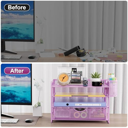 Marbrasse 4-Trays Desk File Organizer with 2 Pen Holder, Desktop Hanging File Holder with Drawer, Paper Letter Tray Organizer (Purple) - color: Purple with Pen Holder