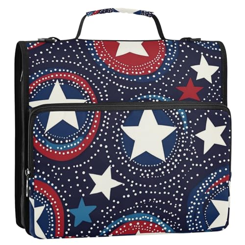4th of July Circles Point Stars Blue Zipper Binder 3 Ring 1.5 Inch School Binder Organizer with Shoulder Strap Handle File Folder Pockets Large Capacity Students Girl Boy Men Office Work - color: 4th of July Circles Point Stars Blue