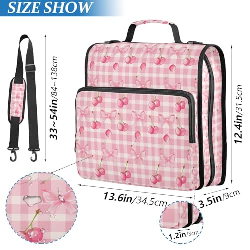 Cherry Checkered Zipper Binder 3 Ring 1.5 Inch Binder Organizer Bag 500 Sheets Capacity Multi-Pocket with Shoulder Strap for School Office