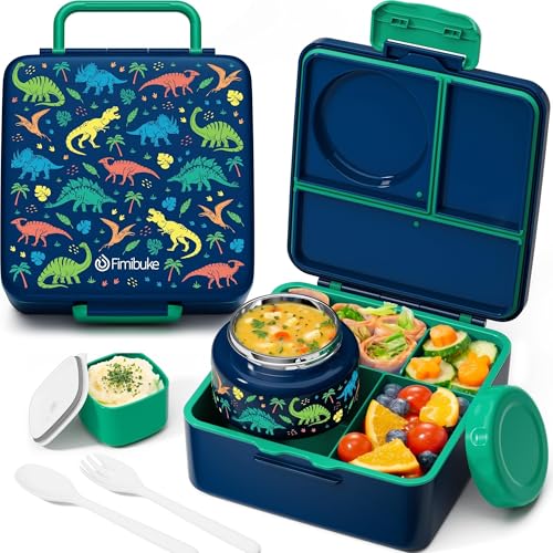 Fimibuke Bento Lunch Box for Kids Adult, 3-4 Compartment 60OZ Toddler Lunch Box Container with Leakproof 8OZ Insulated Food Jar, Sauce Jar, Utensil for School Boys Girls, BPA-Free Dishwasher Safe - color: B5.Jungle Dinosaurs